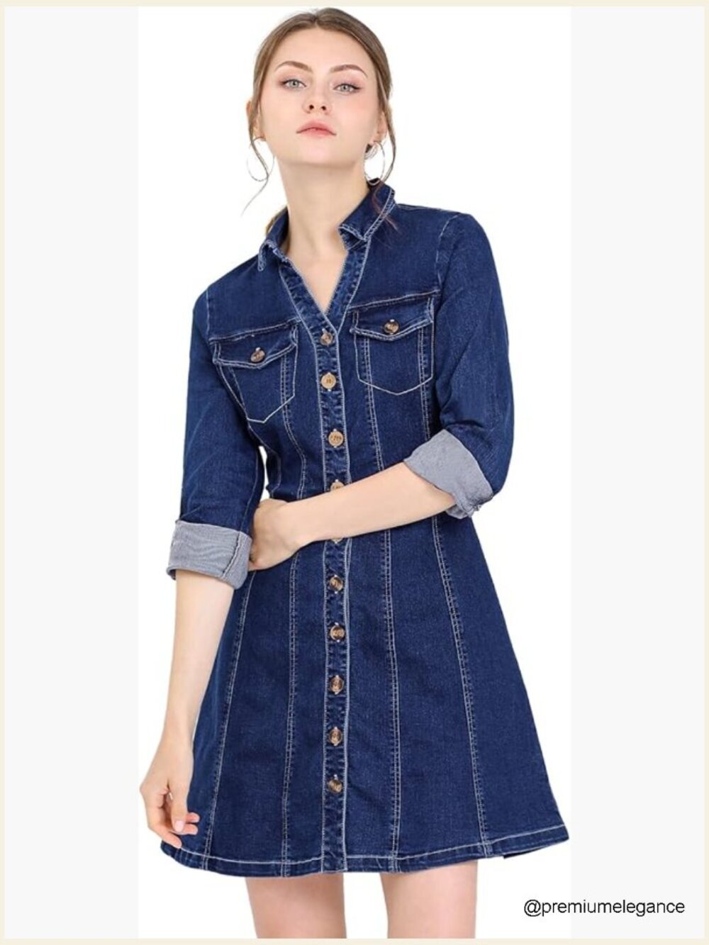 Button Down Denim Dress - Long Sleeve A-Line Jean Dress